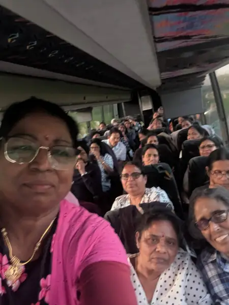 Selfie of people on a tour bus